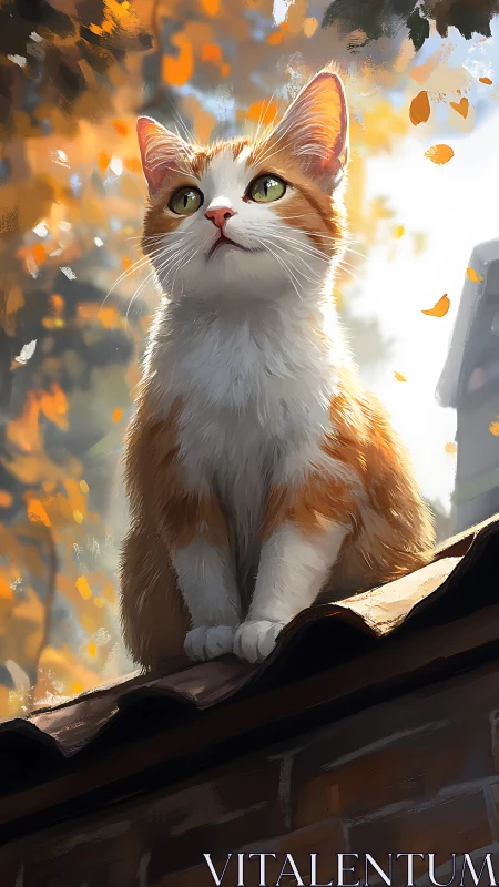 Luminescent Feline Perched Among Cascading Autumn Whispers.