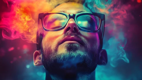 Dreamy bearded thinker glowing in swirling neon clouds.