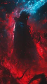 Solitary figure in red and blue abstract energy field.