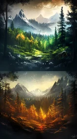 Seasonal alpine valley diptych with dynamic chromatic lighting.
