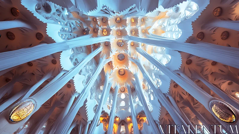 Cathedral columns converge beneath luminous vaulted ceiling.