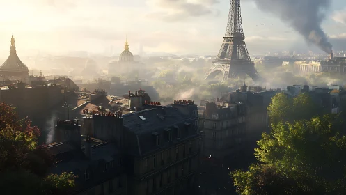 Paris urban panorama with Eiffel Tower under hazy sky.