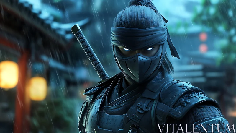 Masked armored ninja with glowing eyes in rainy alleyway.