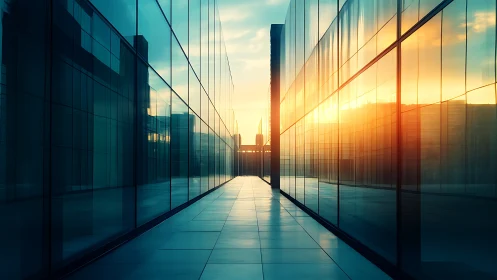 Symmetrical glass corridor at sunrise in photoreal style.
