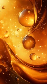Golden oil droplets swirl through glowing abstract waves.