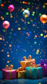 Colorful gift boxes with balloons floating against dark blue background