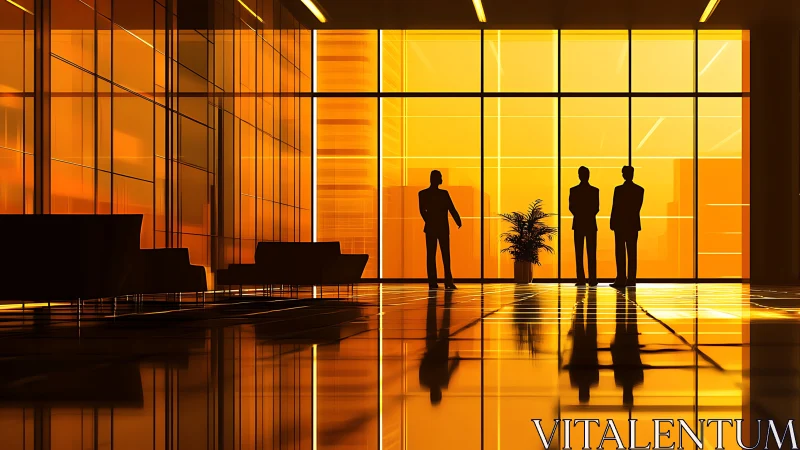 Business professionals silhouetted in illuminated modern office interior at dusk