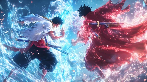 Elemental duel between swordsmen rendered in dynamic anime style