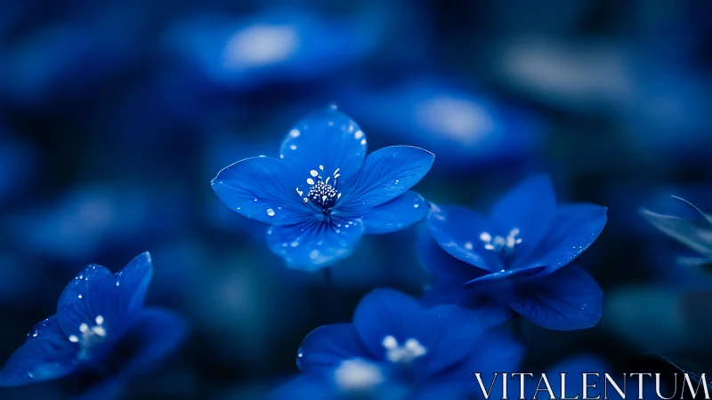 Midnight petals dance: delicate blue flowers capture dewdrop magic