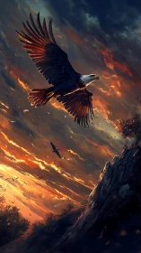 Eagle soaring over burning sunset sky above rocky cliff.