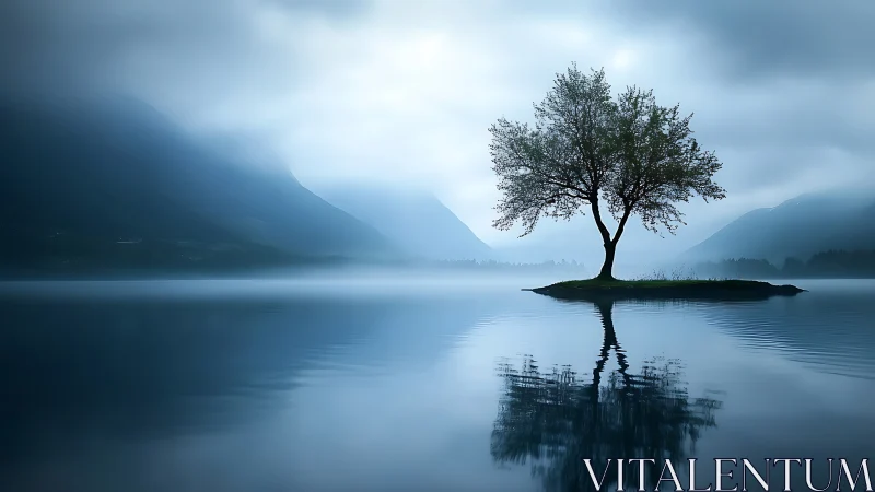 Solitary lakeside tree forms mirrored silhouette in blue morning fog