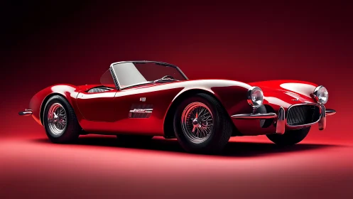 Red classic roadster on monochrome studio backdrop.