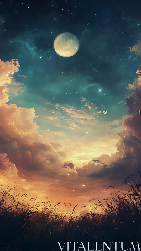 Celestial dusk meadow under luminous moon and volumetric clouds