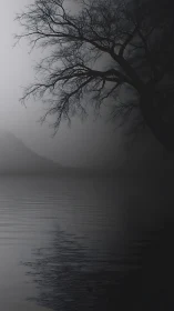Bare tree silhouette over calm misty lake surface at dusk.