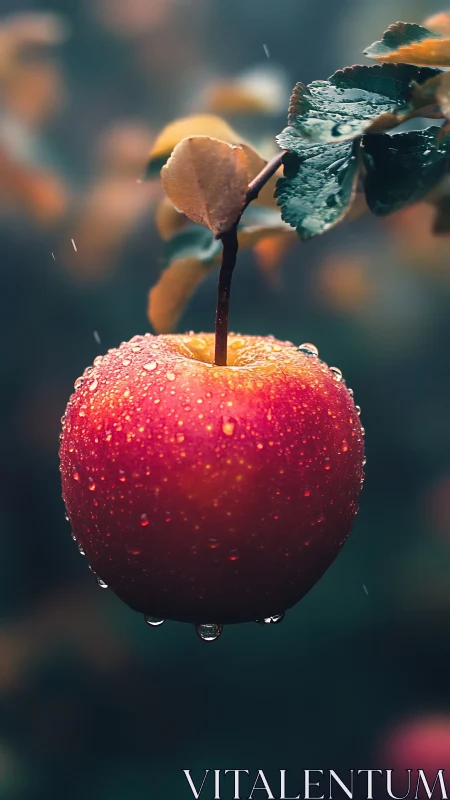 Morning rain jewels rest softly on a single ripe apple