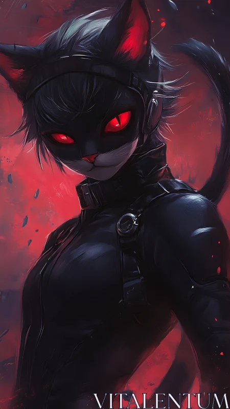 Midnight cyber cat vigilante glowing with ember-red gaze.