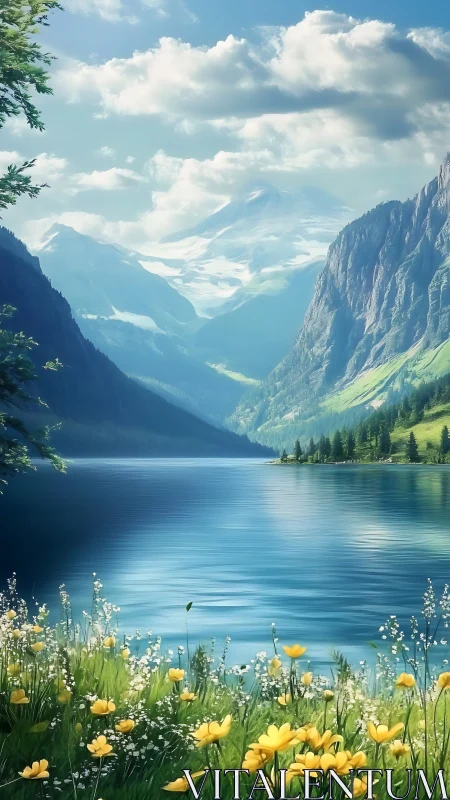 Gentle alpine lake cradled by sunlit peaks and wildflowers.