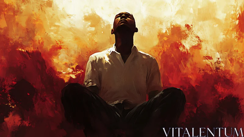 Seated male figure rendered against abstract red background