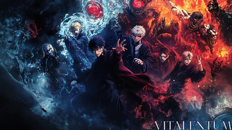 Elemental sorcerers confront demonic entities in dual chromatic vortex