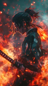 Ember‑crowned samurai poised in a storm of rising fire.