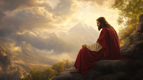 Contemplative robed figure overlooking sunlit alpine valley