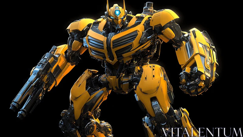 Armored yellow combat mech poised in dramatic spotlight.