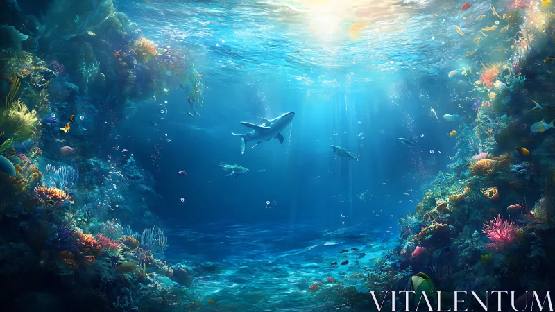 Vibrant coral reef with sharks in radiant sunlit ocean cavern.