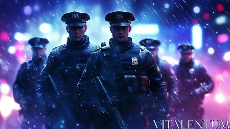 Armored police squad advances through neon rain-soaked streets