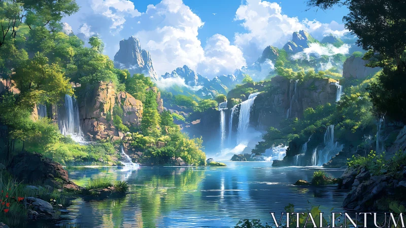 Layered mountain waterfalls above reflective forest lake.