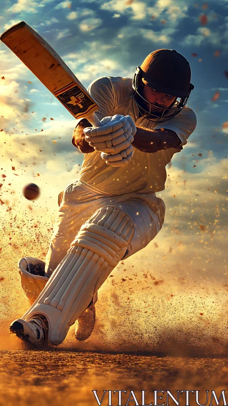 Dynamic cricket batsman executing low-drive shot in dust storm.