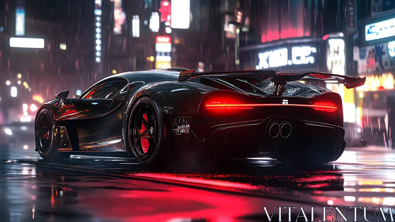Midnight supercar gliding through neon soaked city rain.