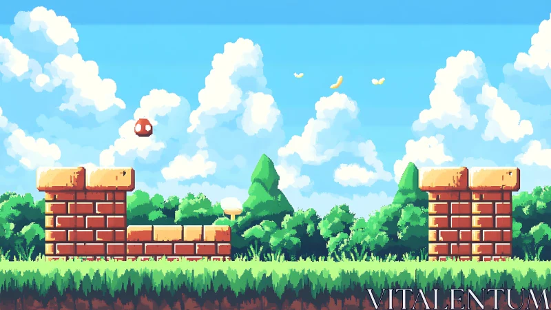 Side-scrolling pixel game landscape shows brick platforms