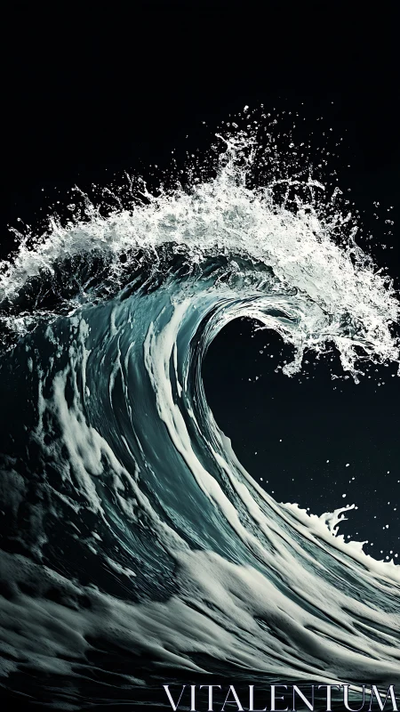 Breaking ocean wave curls sharply against dark background