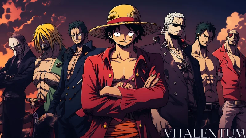 Straw hat pirate crew lineup under dramatic sunset sky
