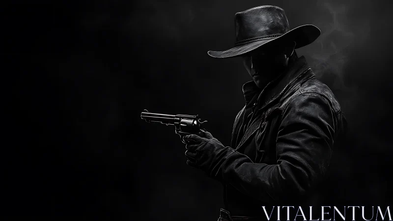 Shadowed gunslinger tuning steel in a midnight smoke halo.