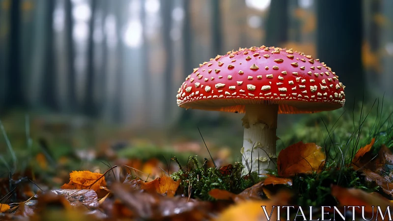 Fly agaric mushroom dominates misty autumn forest floor