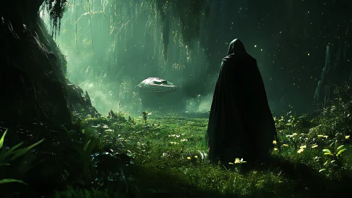Cloaked wanderer in luminous alien forest, 3D cinematic render.
