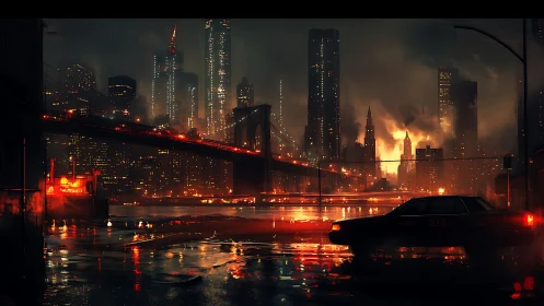 Rain-soaked cyberpunk skyline with bridge and reflective wet asphalt