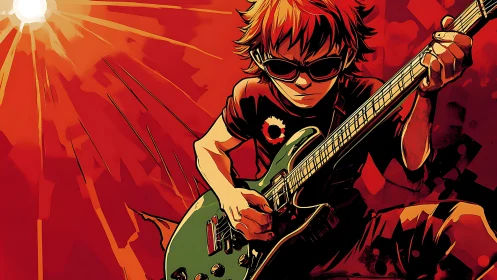 Anime guitarist solo under blazing red stage light.