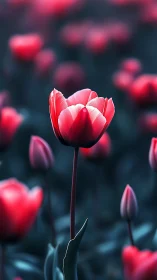 Crimson Tulip's Elegant Stand Among Shadowed Blooms