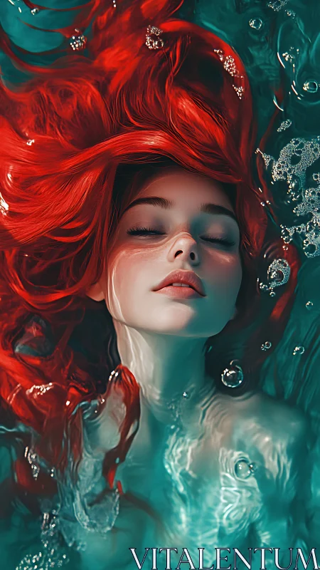 Red haired woman underwater with closed eyes in teal pool.