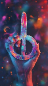 Neon defiance rises in a paint-splashed sculpted symbol.