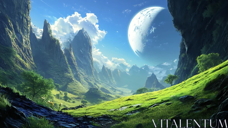 Dramatic alien valley opens under a bright distant moon