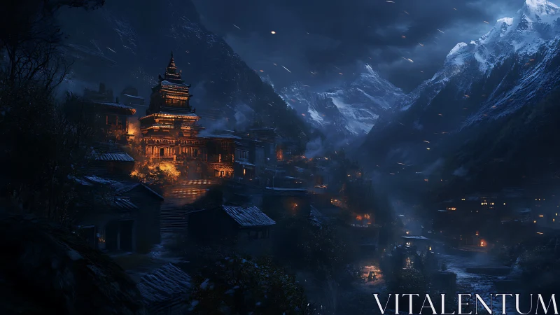 Mountain temple village glowing softly in a stormy night.
