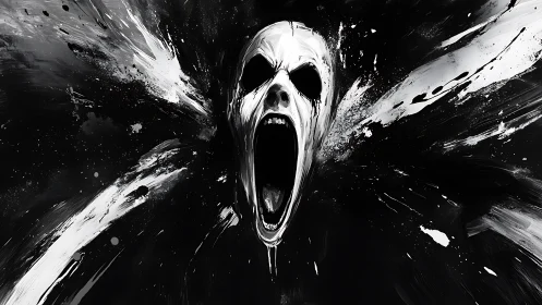 Monochrome voidwail: screaming specter in ink explosion.