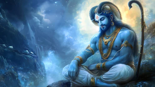 Blue divine figure in meditative pose amid luminous mountains