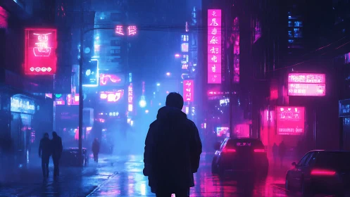 Silhouetted figure on neon city street in night rain scene.