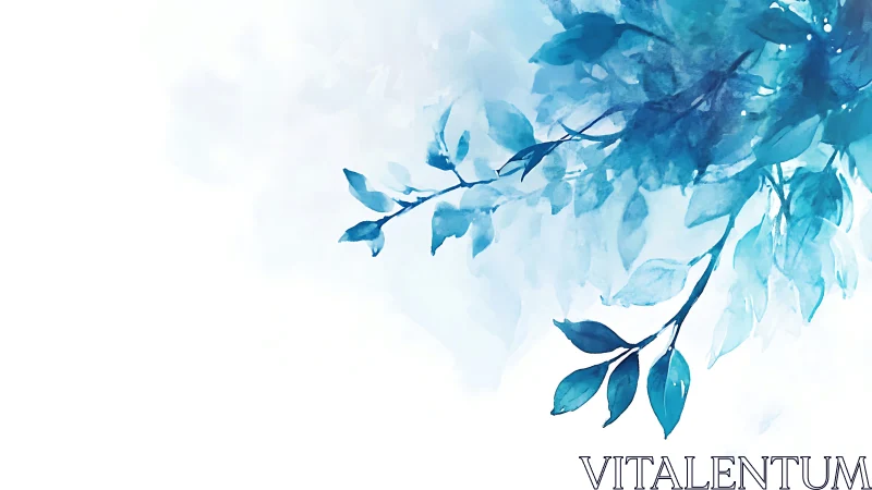 Blue watercolor foliage drifting across white space.