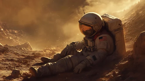 Dusty Martian siesta with a lone, sunset-soaked astronaut.