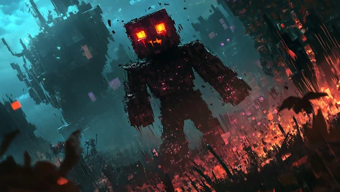 Voxel inferno golem stalking through pixelated ruins.